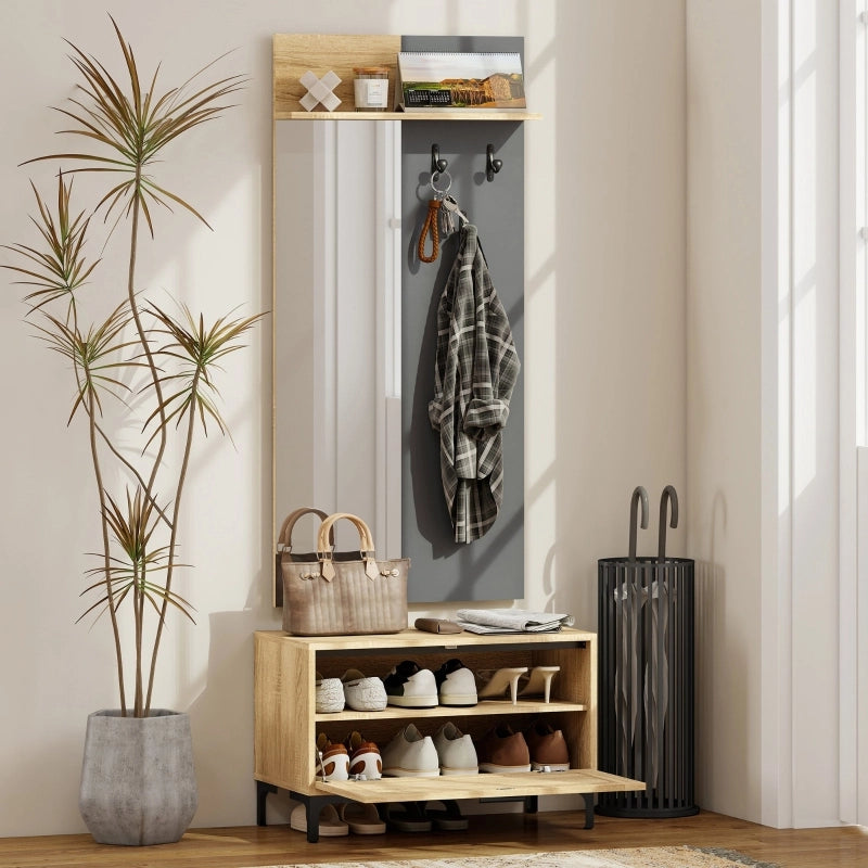 Set guardaroba da ingresso con specchio, panca portascarpe, 3 ganci e ripiano aperto, effetto legno naturale e grigio