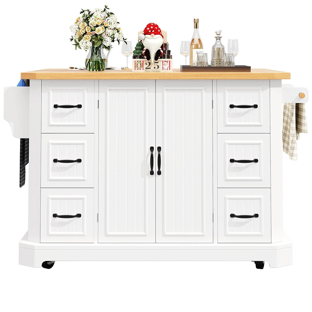 Isola da cucina mobile - Xylo - 120x45(75)x91 cm - bianco/nero - 2 ante e 6 cassetti