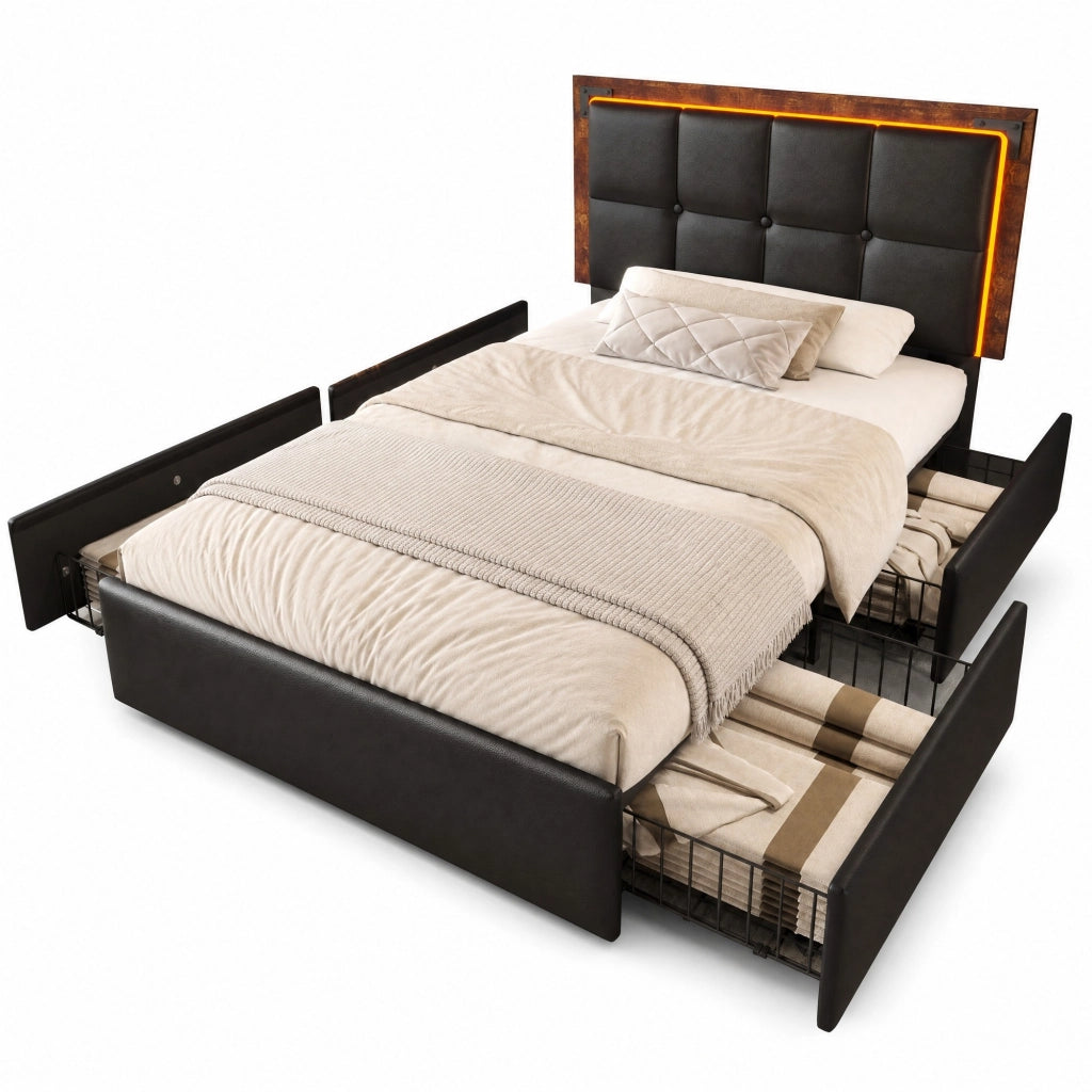 Letto singolo imbottito 90x200 cm con LED; 4 cassetti e testiera regolabile nero