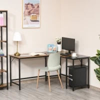 Scrivania Angolare in Stile Industriale con Ripiano Laterale, in Legno e Metallo Nero, 150x120x75cm