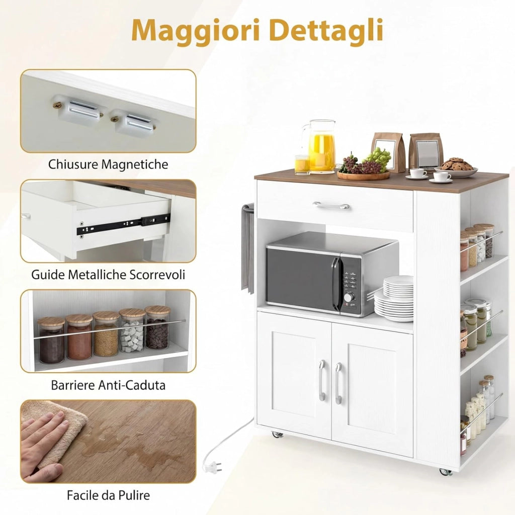 Carrello da Cucina con Ruote, Isola da Cucina con 3 Portaspezie 1 Cassetto Armadietto a 2 Porte, Carrello Portaoggetti con Portasciugamani, 82x46x92 cm (Bianco, con presa)