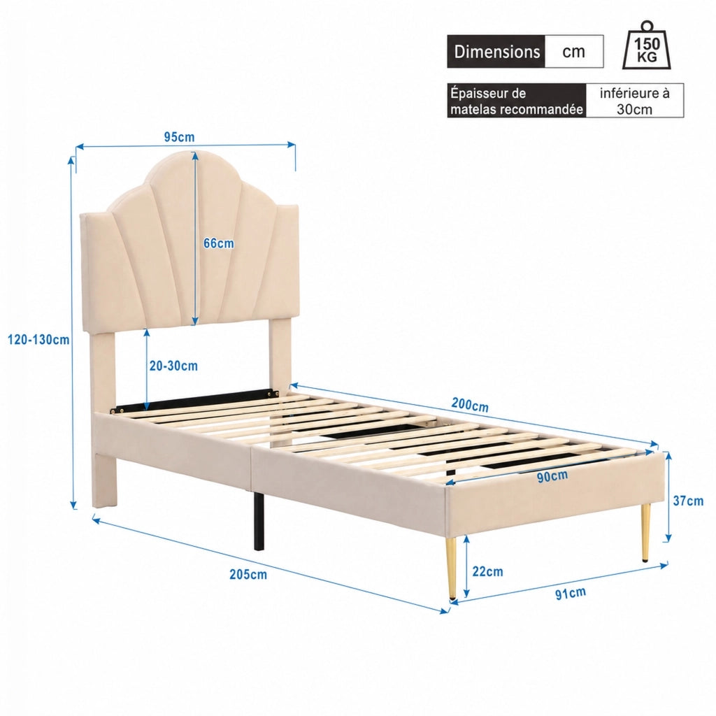 DESMIU Letto Singolo 90 × 200 cm con Testiera Regolabile e Gambe Dorate, senza Materasso, in Velluto Beige