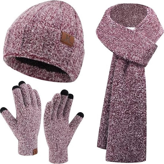 Set di abbigliamento caldo invernale 3 pezzi - Rosso scuro - Cappello a tubino, scialle lungo, guanti touchscreen - Set a 3 pezzi per adulti - Black Friday 2024 - Regalo di Natale