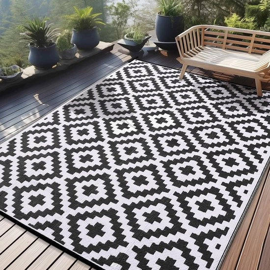 Tappeto Esterno Resistente all'Uso Esterno, Piastra in Plastica Resistente ai Raggi UV, Reversibile, Ripiegabile, Lavabile, Mat per Balcone, Giardino e Terrazza (240 x 300 cm, Nero e Bianco)