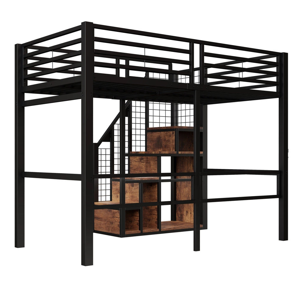 Letto a soppalco singolo 90 × 200 cm con scomparto portaoggetti e scaletta, senza materasso, in metallo, nero