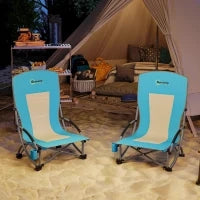 Set 2 Sedie da Spiaggia Pieghevoli con Braccioli con Portabicchieri e Borsa di Trasporto, Blu