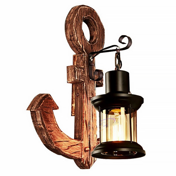 Applique da Parete con Forma ancora Stile Rustico attacco lampada E27 in Legno
