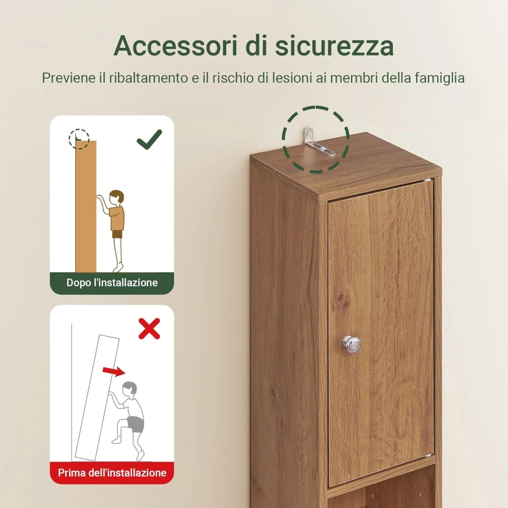 Mobile Bagno Alto e Stretto, Mobili Salvaspazio Mobiletto a Colonna da Terra con Ripiani Regolabili e Cassetto Armadietto per Bagno e Lavanderia 20×20×180 cm BZR34-II-PF
