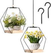Due pendenti per fiori in metallo macramé con base in legno, supporto per piante per balcone e giardino, appendi piante per fiori e piante
