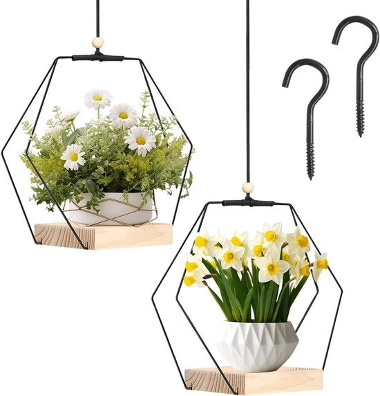 Due pendenti per fiori in metallo macramé con base in legno, supporto per piante per balcone e giardino, appendi piante per fiori e piante