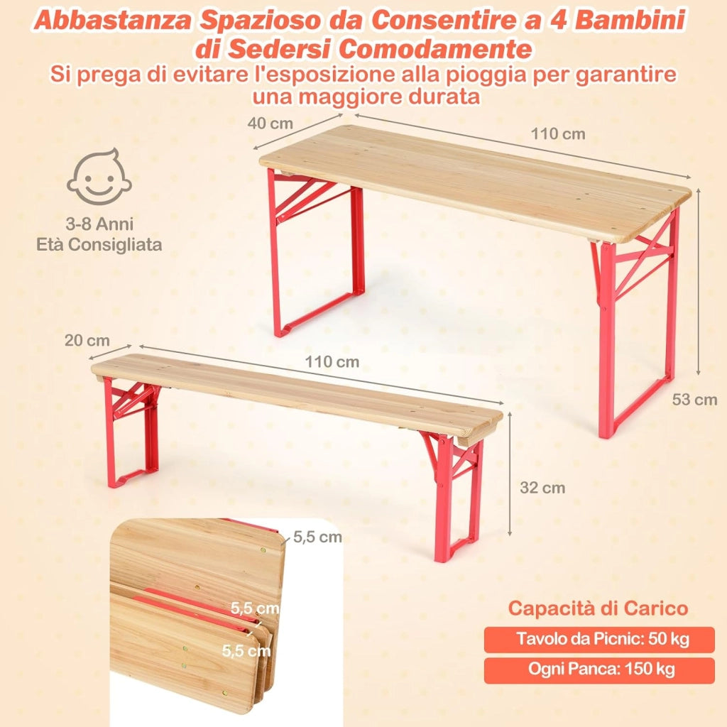 Set da Esterno 3 Pezzi per 4 Bambini, Tavolo da Picnic con 2 Panche in Legno Pieghevole, Robusta Struttura in Metallo, Facile da Riporre, Set da Giardino per Bambini 3-8 Anni per Patio