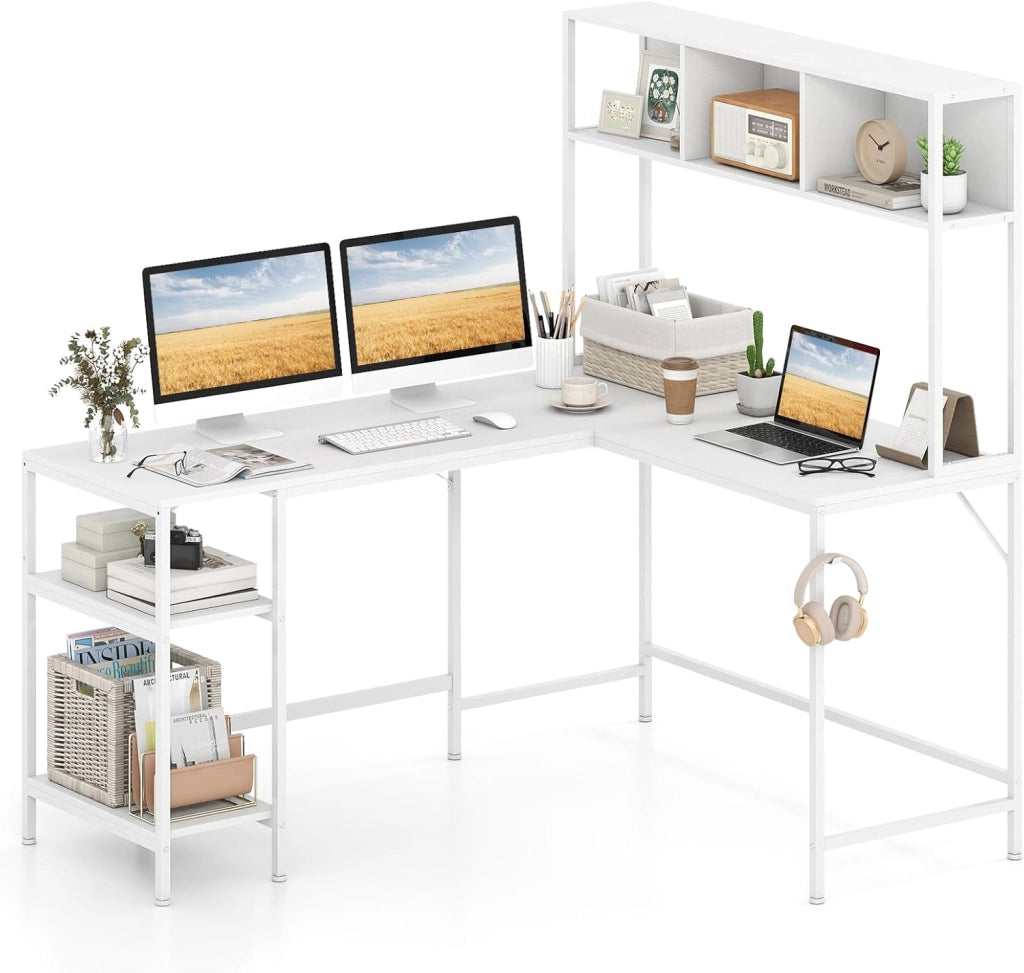 Scrivania a Forma di L con Libreria, Ripiani e Gancio per Cuffie, Scrivania Angolare in Legno con Robusto Telaio in Metallo, Scrittoio per Computer per Soggiorno, Studio e Ufficio (Marrone)