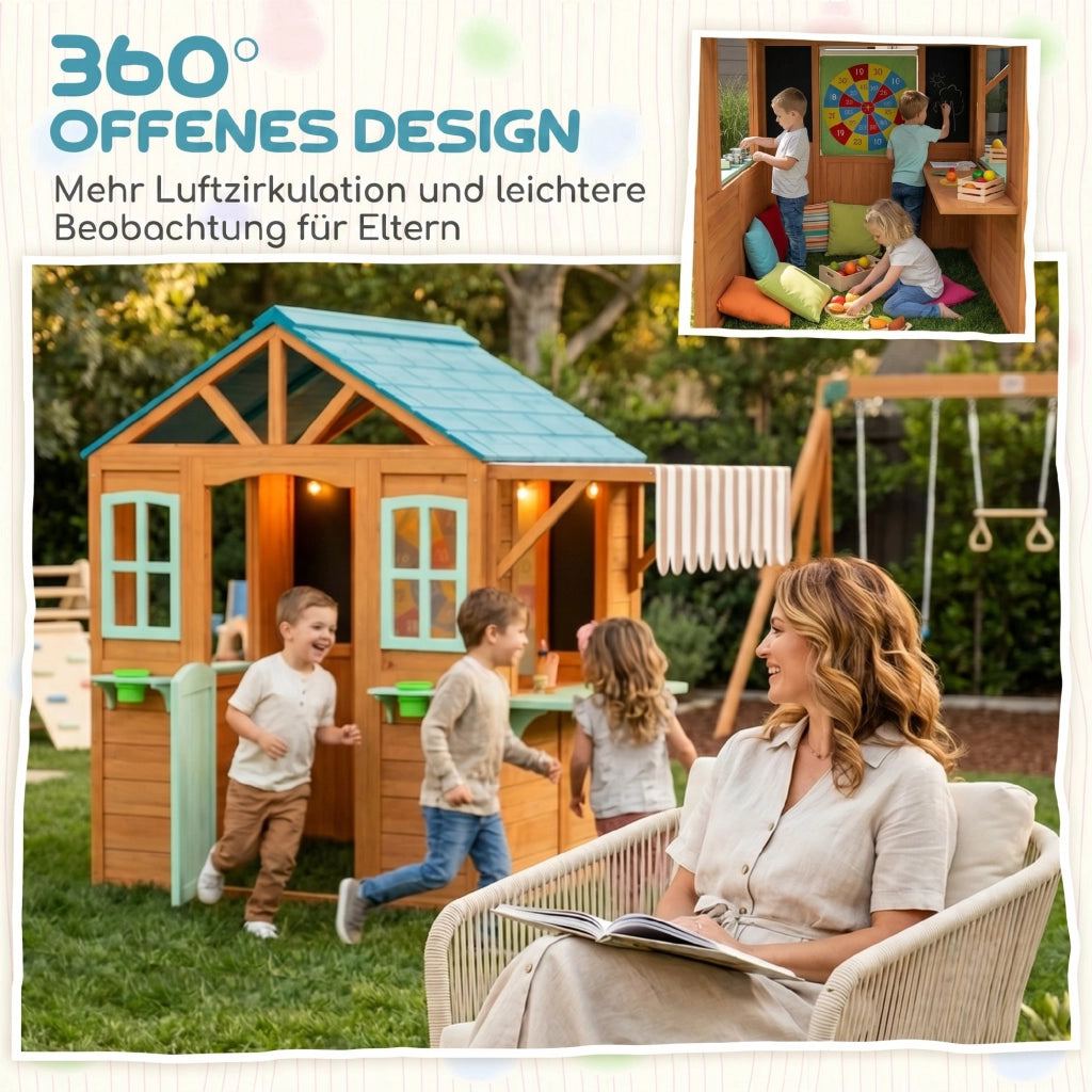 Casetta per Bambini Giardino con Bancone Fioriera Lavagna Bersaglio ¨C zephmum ¨C 142x120x141.5 cm Multicolore