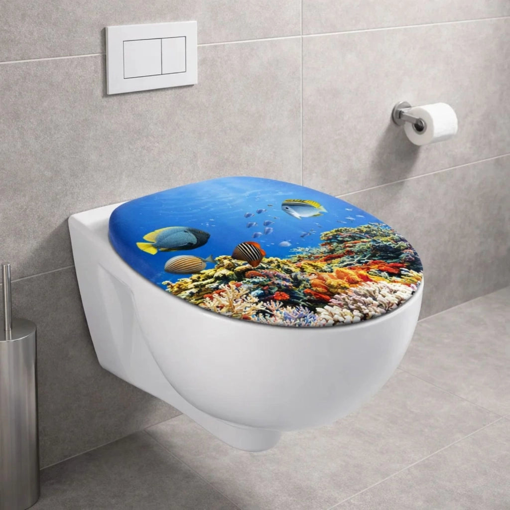 Sedile wc copri vater universale frizionato fantasia in mdf chiusura rallentata *** fantasia coral, confezione 1