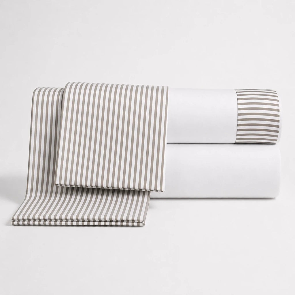 Set Lenzuola Letto Singolo in Puro Cotone | Completo Letto 1 Piazza | Lenzuolo con angoli, Lenzuolo Piano e 1 Federa | Lenzuola in Cotone con Balza a Righe Tortora
