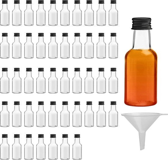 Set di piccole bottiglie riutilizzabili (48 pezzi) - 25 ml - Bottiglie di plastica con cappuccio a vite nero, imbuto per liquidi per riempimento e versamento