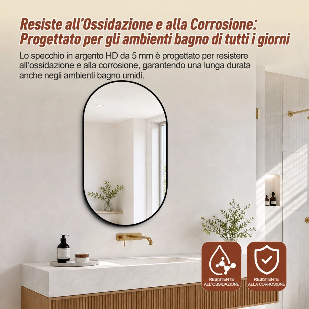 Specchio da parete ad arco 60x90 cm con cornice in alluminio nero; vetro antiesplosione