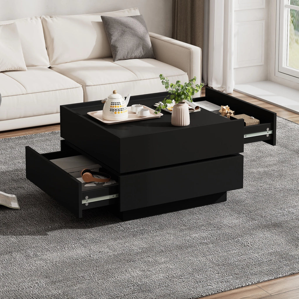 Tavolino basso girevole a 360° con 2 cassetti e bordo rialzato per soggiorno in truciolare nero 60 × 60 × 38 cm