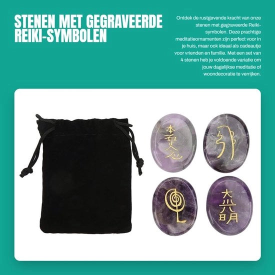 Pietre di Reiki 4-pack - Simboli incisi - Decorazione per meditazione - Pietre energetiche - Superficie liscia - Pietre spirituali e curative - Pietre per meditazione