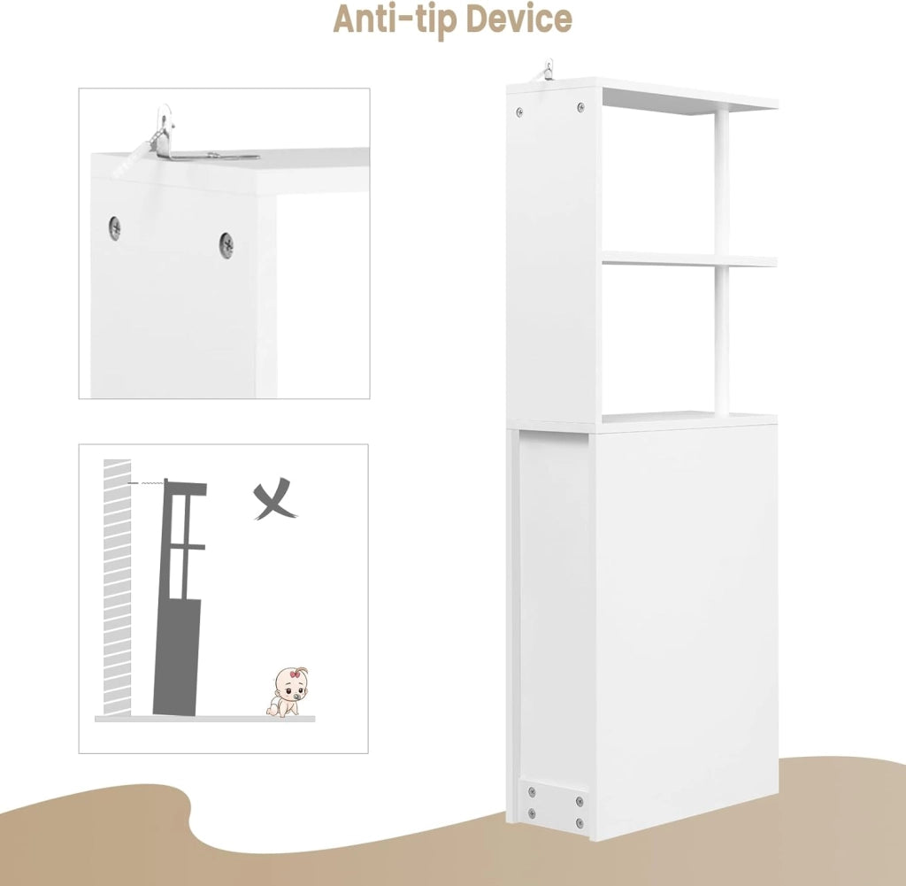 Mobile da Bagno Stretto, Mobiletto da Bagno Salvaspazio con 2 Cassetti, 2 Ripiani, Mobiletto Bianco per Cucina, Soggiorno, in Legno, 19x45x113 cm