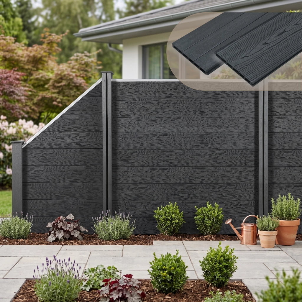 Recinzione in WPC per Giardino Staccionata da Elementi Inclinato e Rettangolari 183x799 cm Grigio NEU.HOLZ