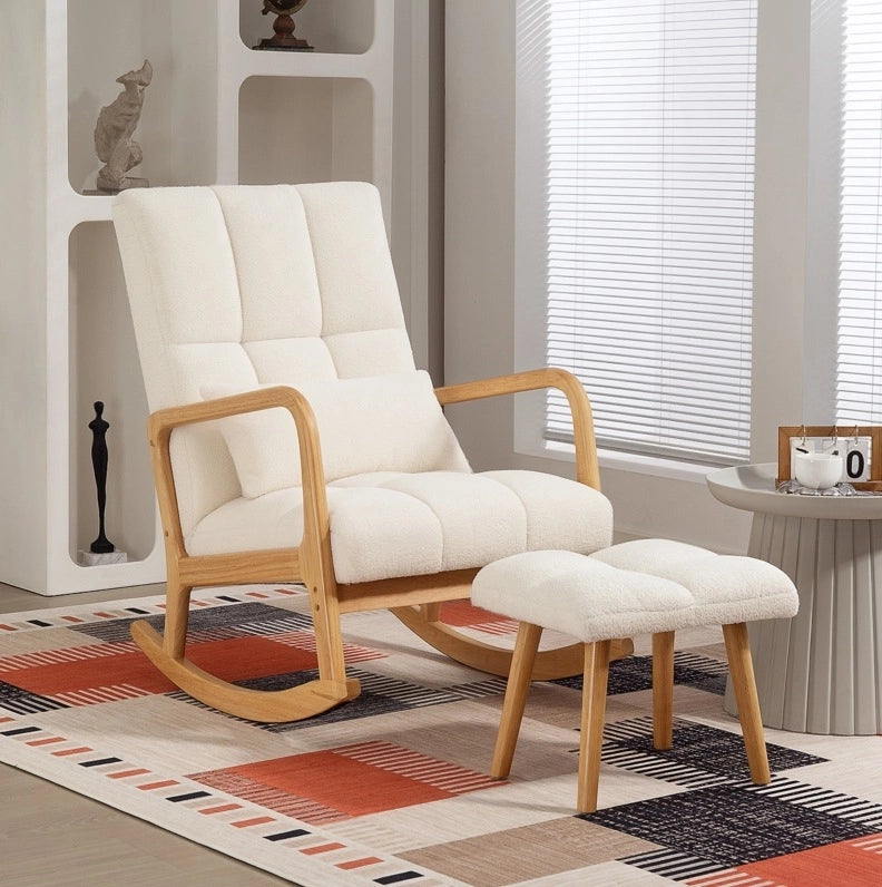 Poltrona a dondolo con poggiapiedi 64.5x82x99 cm; schienale alto; in legno bianco