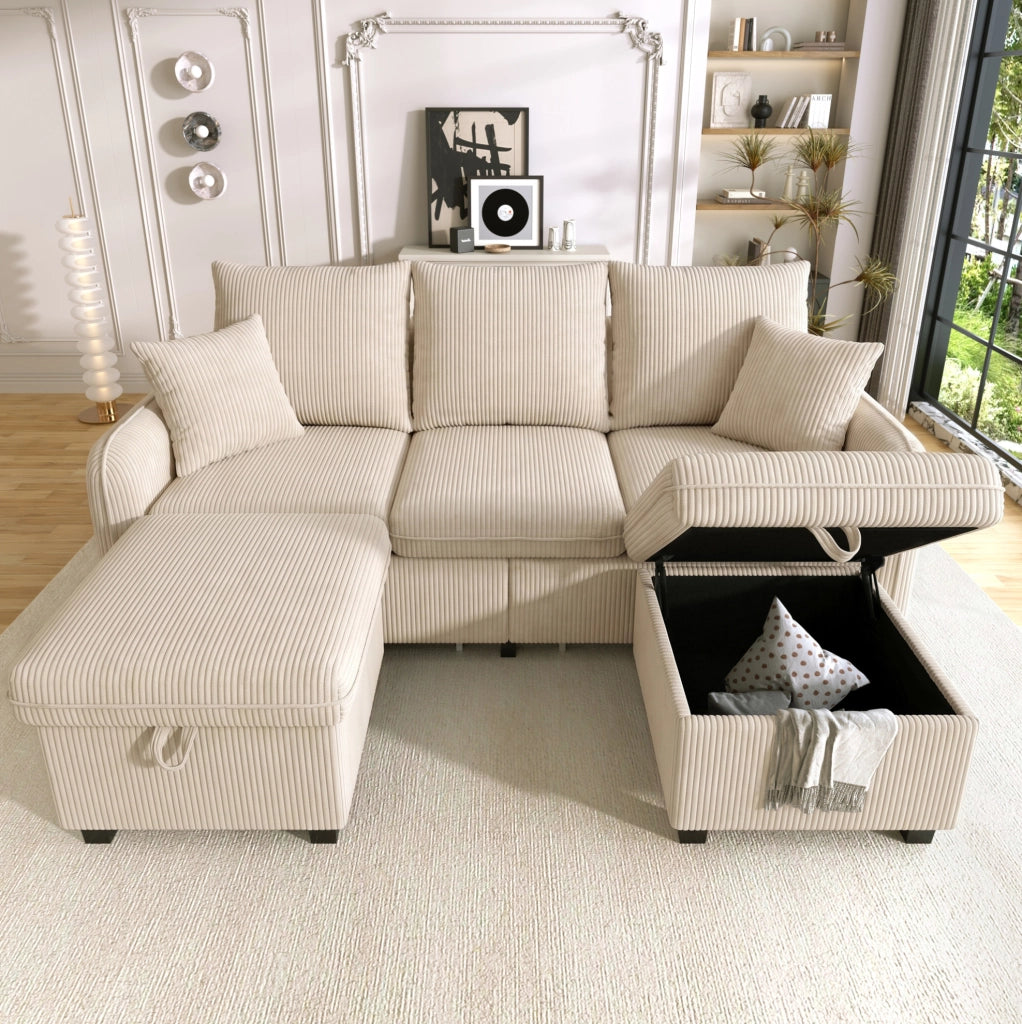 Divano 3 Posti Trasformabile con 2 Pouf Contenitore e 2 Cassetti; Velluto a Coste Beige
