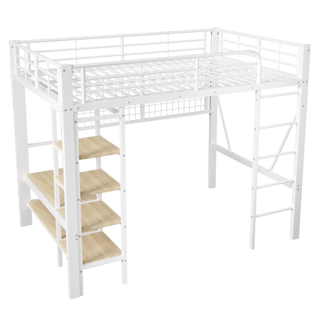 Letto a soppalco 204x145x180 cm con LED regolabile tramite app; metallo e MDF bianco