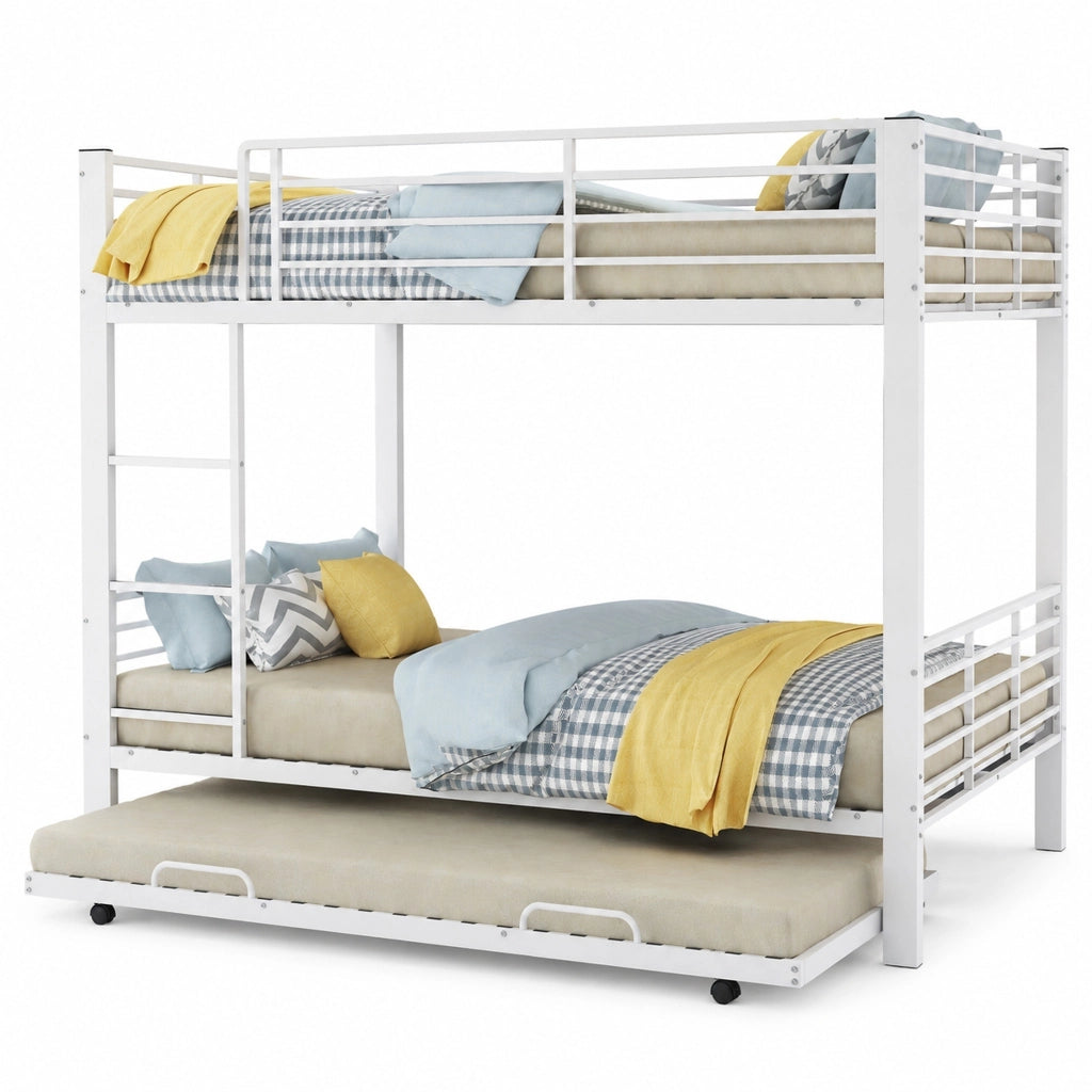 Letto a castello 205x145x170 cm per 3 persone con letto estraibile e barriera di sicurezza in metallo bianco opaco