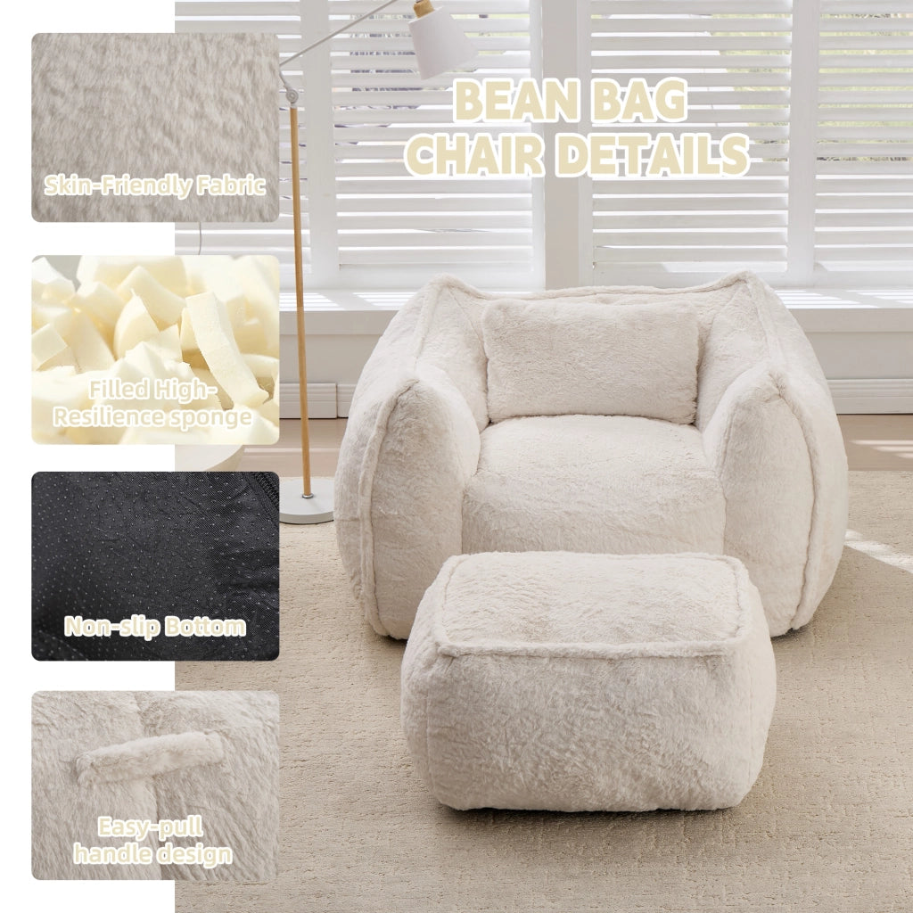 Poltrona Sacco Gigante con Pouf e Cuscino ¨C Xylo ¨C Tessuto Pelliccia Sintetica Beige