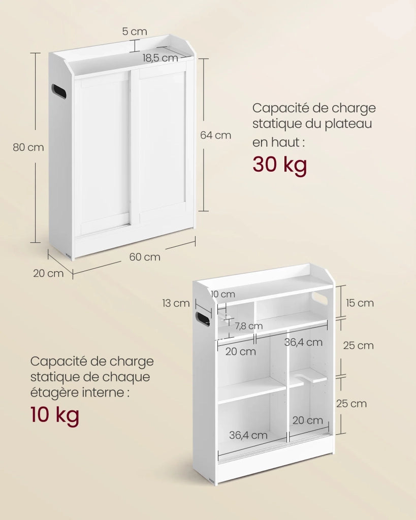 Mobiletto per WC mobiletto per il bagno porta carta igienica e scopino ante scorrevoli ripiani regolabili 20 x 60 x 80 cm bianco 12_0006595