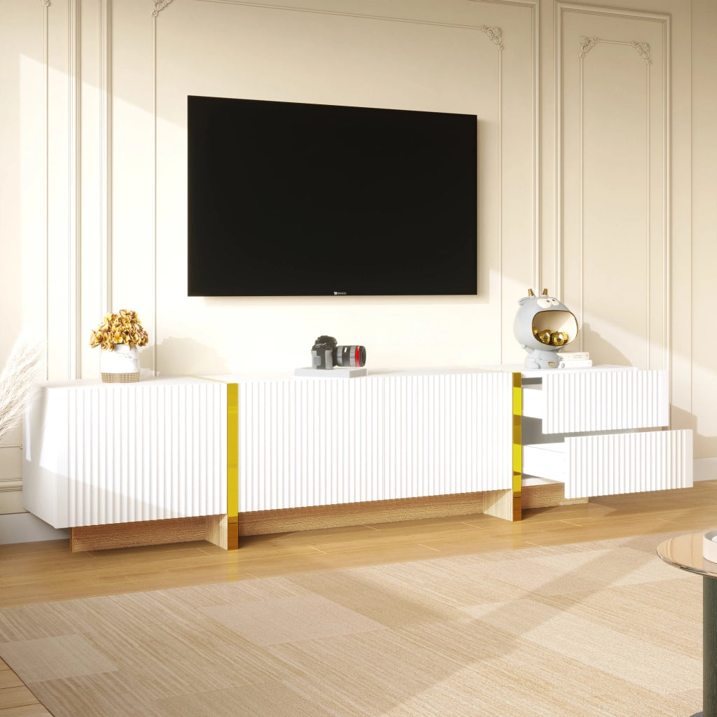 Mobile TV con 3 Ante e 2 Cassetti; Cerniere Ammortizzate; per Soggiorno; in MDF e Pannello di Particelle; Bianco e Oro; 190×35×45 cm