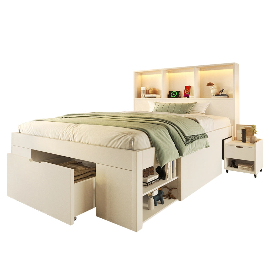 Letto singolo funzionale 90x200 cm Bianco - Zephmum - Con LED, USB-C, cassetti e scaffali, incl. materasso