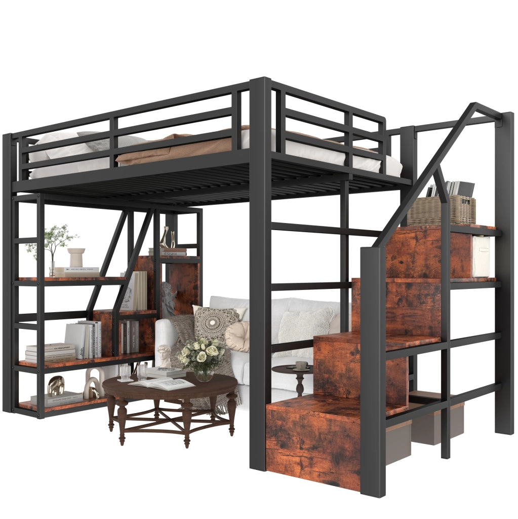 Letto a soppalco 140x200 cm con LED; scaletta e parapetti in metallo e MDF nero