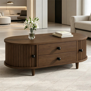 Tavolino basso con 2 cassetti e ante scorrevoli, in MDF con gambe in legno massello, noce 100 × 50 × 36 cm