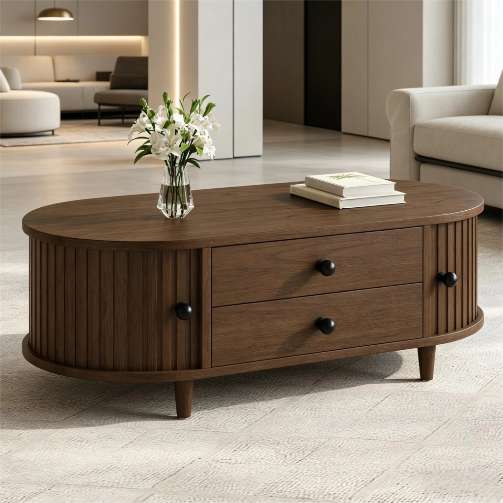 Tavolino basso con 2 cassetti e ante scorrevoli, in MDF con gambe in legno massello, noce 100 × 50 × 36 cm