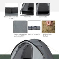 Tenda da Campeggio 2 Posti Impermeabile con Vestibolo, Finestre e Porte con Cerniera, 325x183x130cm Grigio