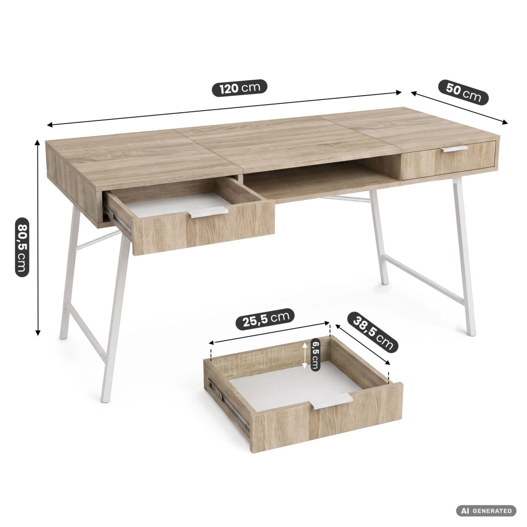 Scrivania industriale per computer Rovere Sonoma ARDEN 120 cm 2 cassetti 1 ripiano gambe bianche