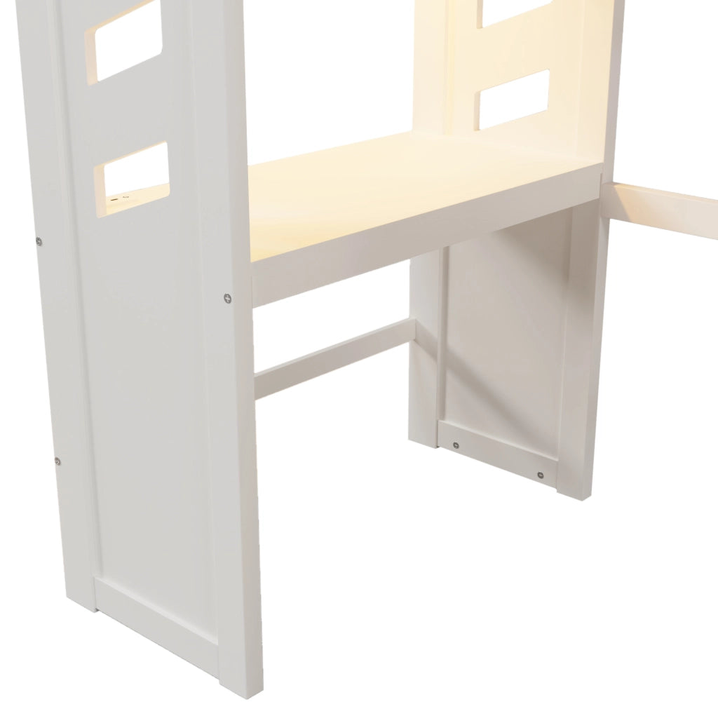 Letto a soppalco 90x200 cm bianco con scrivania, LED, USB-C e cassetti