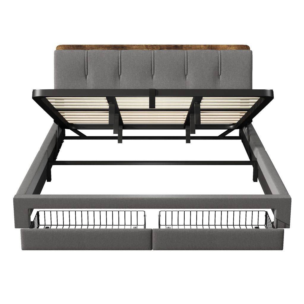 Letto Matrimoniale 180x200 Grigio con Contenitore Idraulico; Cassetti; LED e USB Type-C