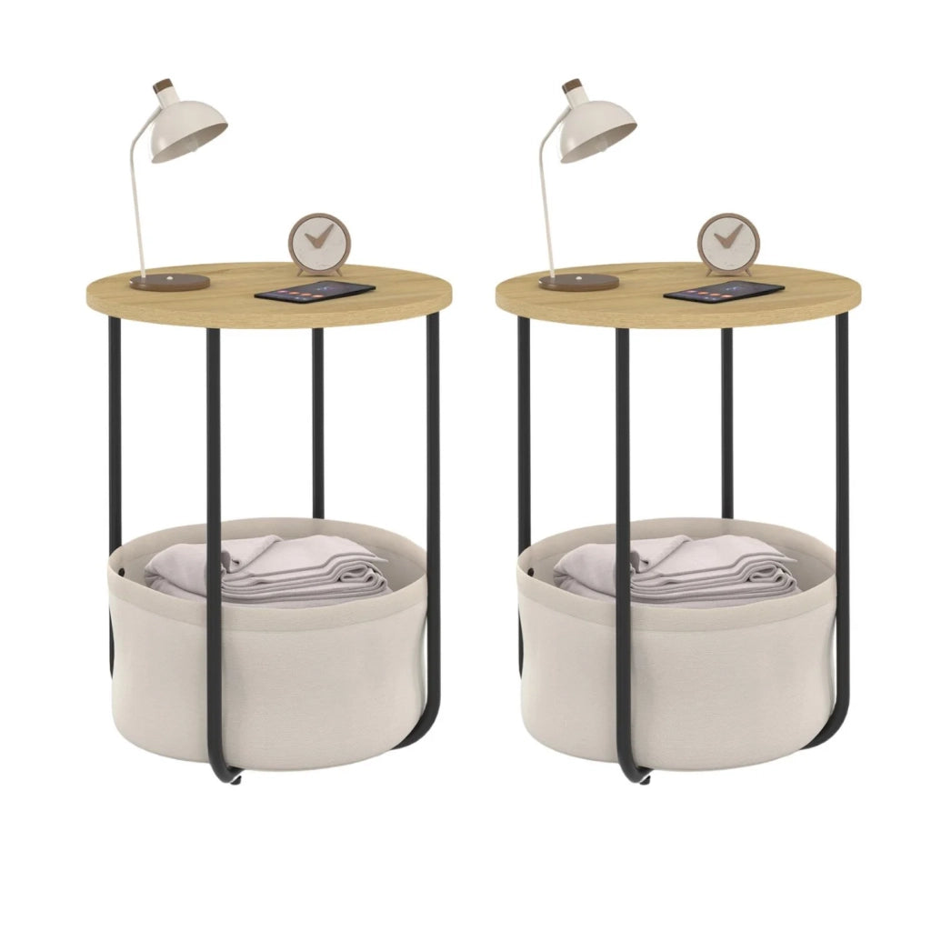 IDMarket - Set di 2 comodini rotondi DETROIT, tavolini e terminali per divani con cesto in tessuto dal design industriale