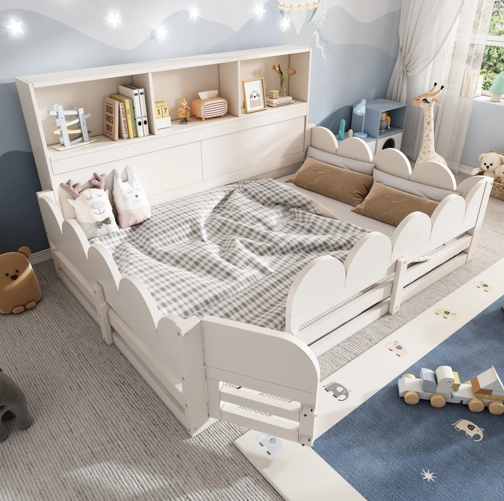 Letto a pavimento per bambini 140x190 cm bianco con sponde; porta e ripiani