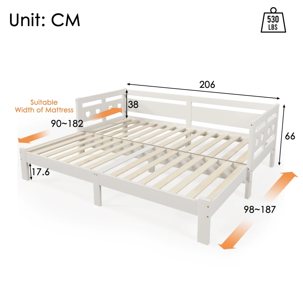 Letto daybed estensibile a forma di cuore 90x200 cm in legno massello bianco