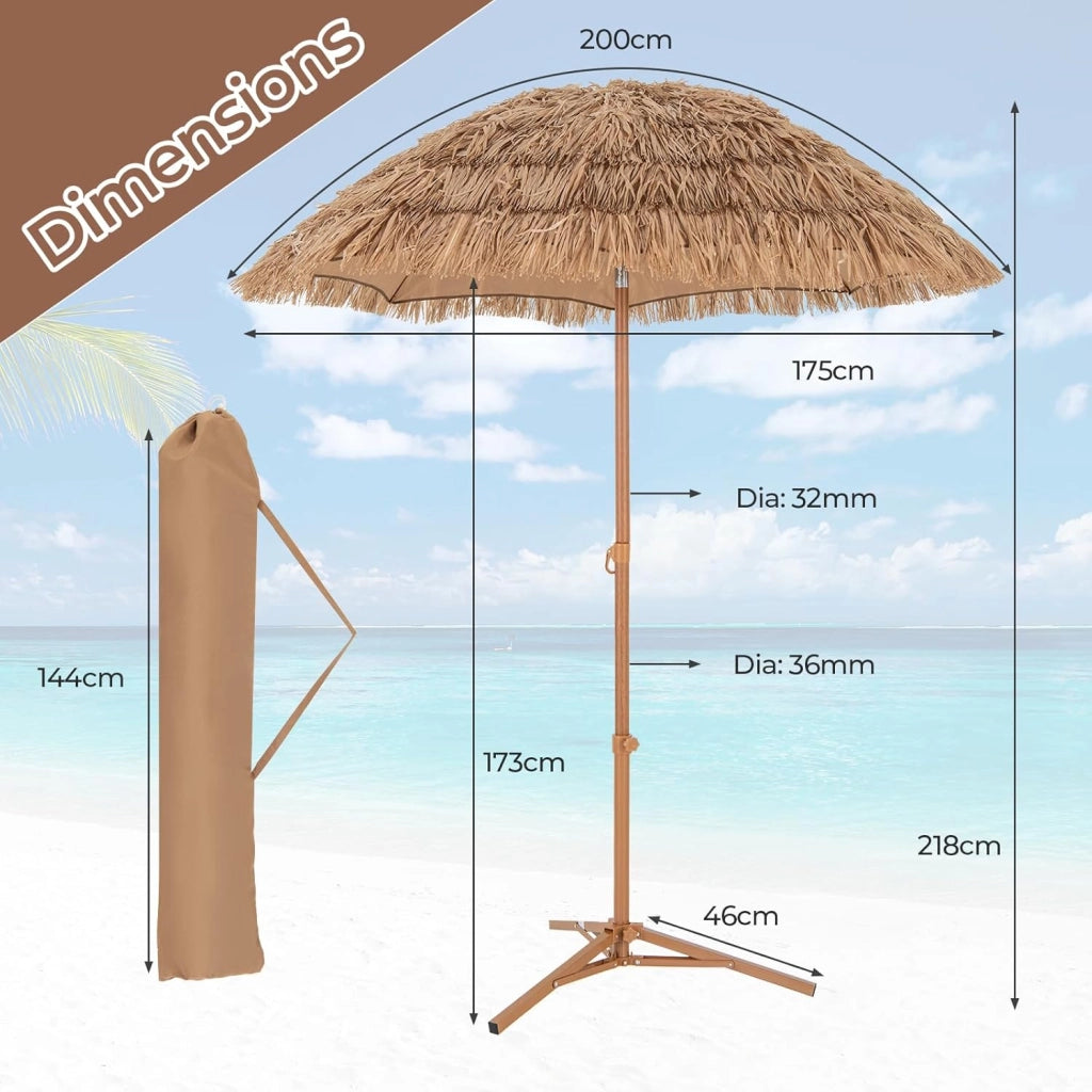 Ombrellone in stile hawaiano, 218 cm di altezza, con borsa per il trasporto e piede pieghevole, ombrellone esotico in paglia simulata di riso pieghevole per giardino, balcone, senza Base