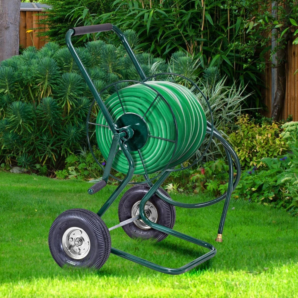 Carrello Avvolgitubo da Giardino, Avvolgitubo in Metallo con Manico e 2 Ruote Pneumatiche, per Tubi di 3/4", Fino 61 Metri, 71 x 53 x 96,5 cm, Verde