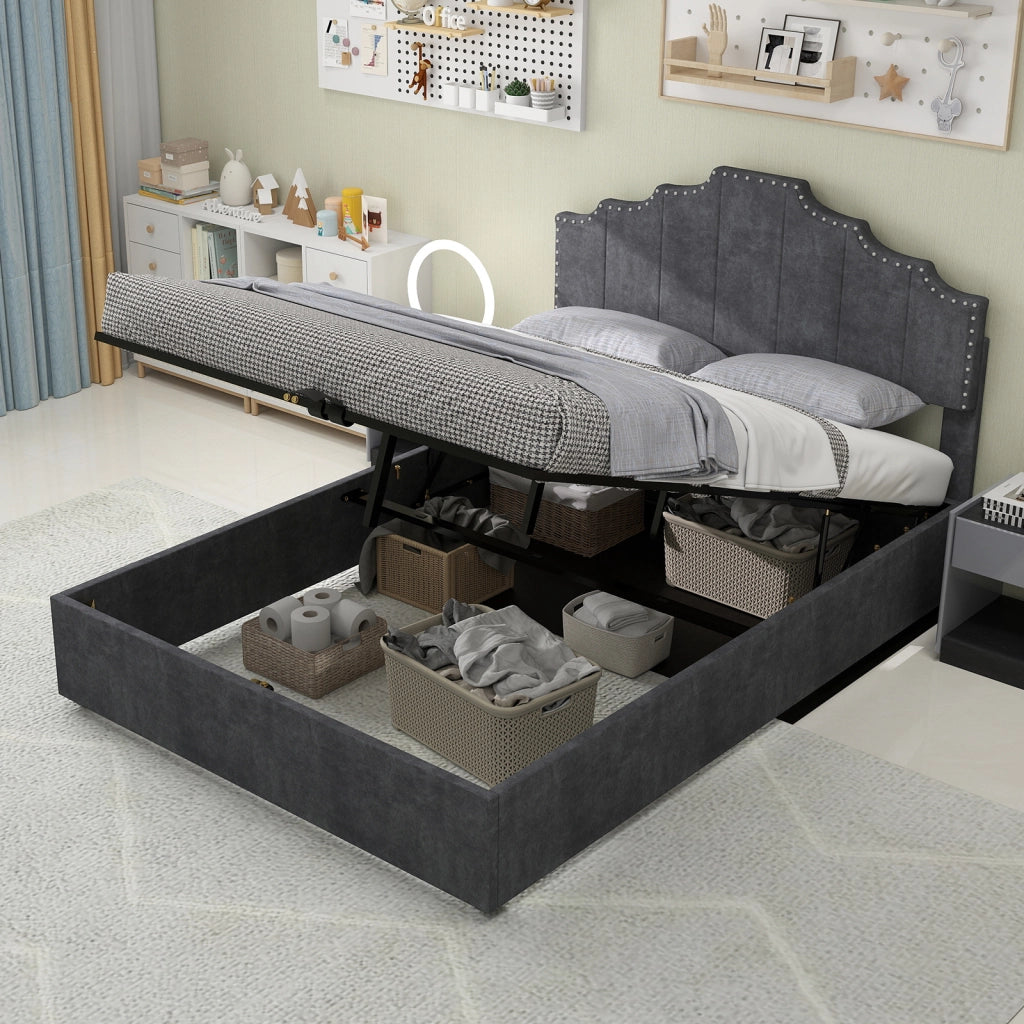 Letto Contenitore Imbottito ¨C MINIMAL ¨C Grigio 160x200 con Testiera, Idraulico