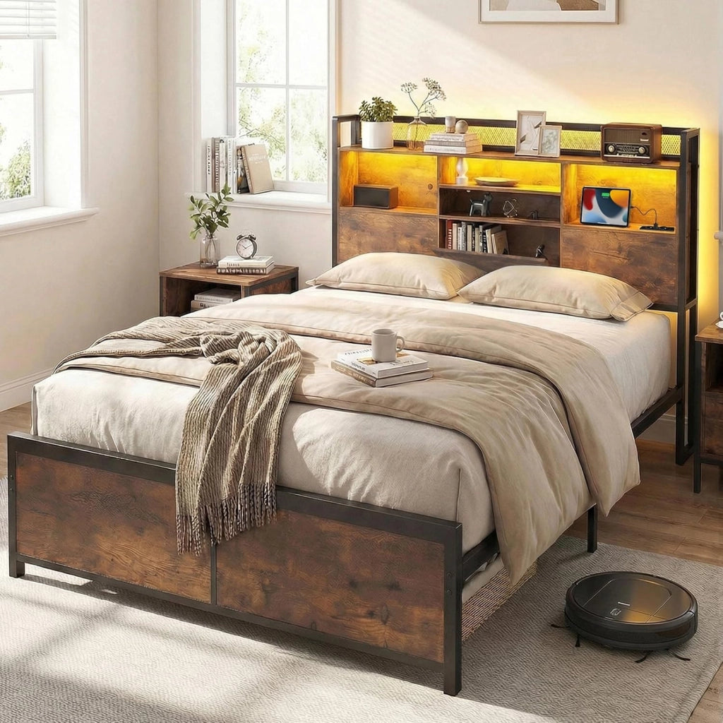 Struttura Letto con Testiera Contenitore, Letto a Piattaforma in Metallo con Stazione di Ricarica 3 Ripiani, Silenzioso, Carico Massimo 300kg (140 x 200cm Stile 2)