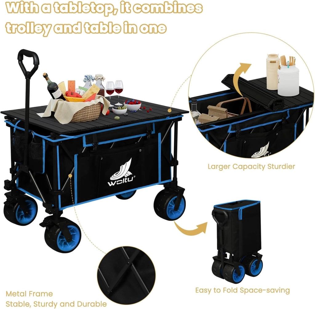 Carrello Pieghevole con Ruote da Spiaggia con Piano e Maniglia, Carrello da Giardino, Campeggio, Spesa, Borsa di Trasporto, Oxford+Acciaio, Nero+Blu