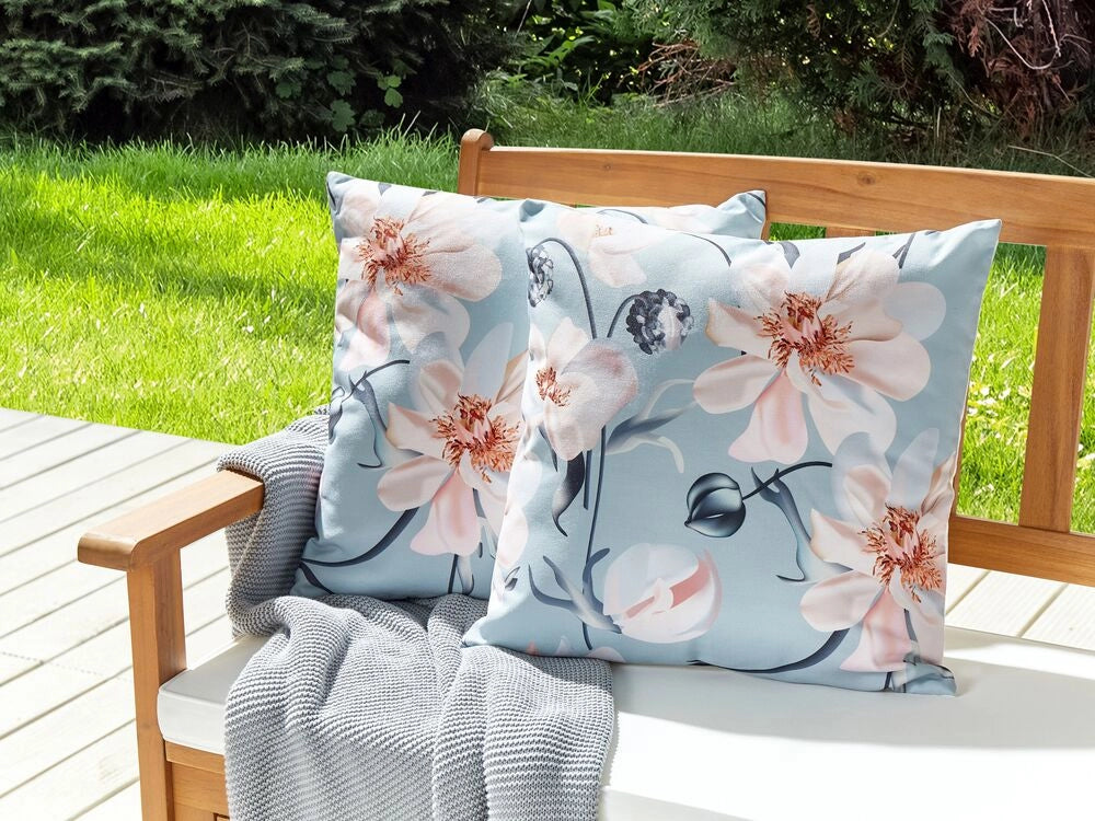 Set di 2 cuscini da esterno in tessuto di poliestere blu con motivo floreale 45 x 45 cm giardino terrazzo eleganti