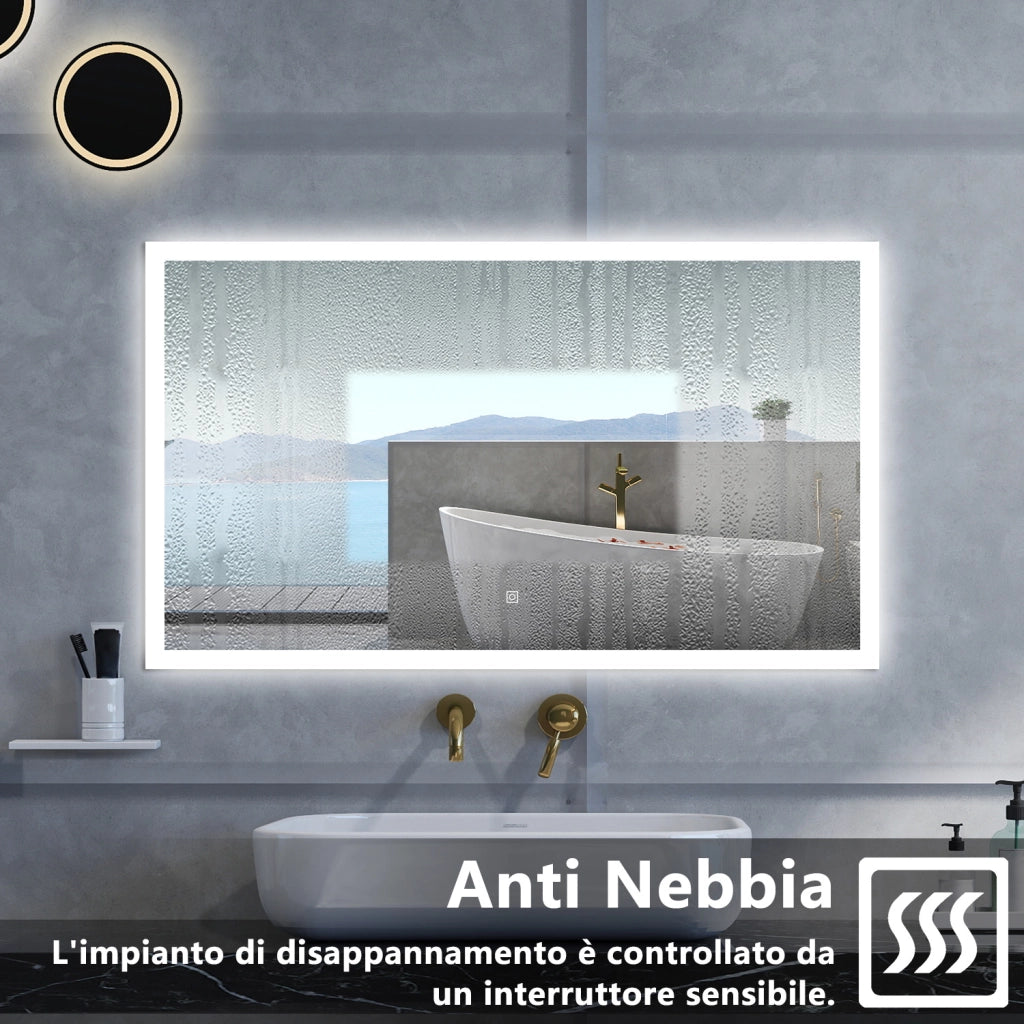 Specchio da bagno Rettangolare con 120x70cm,3 colori,Memoria, Antifog,Regorabile,Retroilluminato,doppio interruttore,